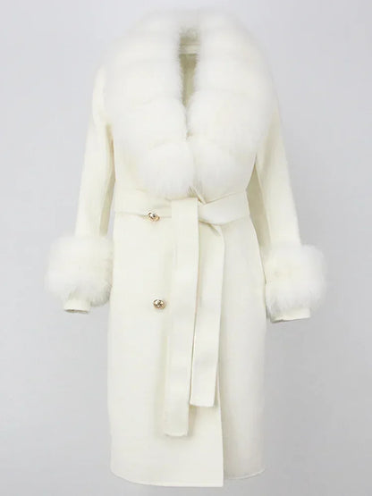 Double Breasted Woolen Jacket Belt Warm Cashmere Real Fur Coat Streetwear New Fashion 2024 Winter Women Long Natural Wool Blends