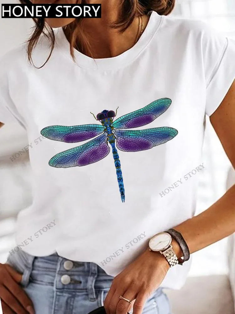 Dragonfly Butterfly Print Base Top Loose Women's Short-sleeved T-shirt Round Neck Oversized T Shirt  Women Clothes TEE