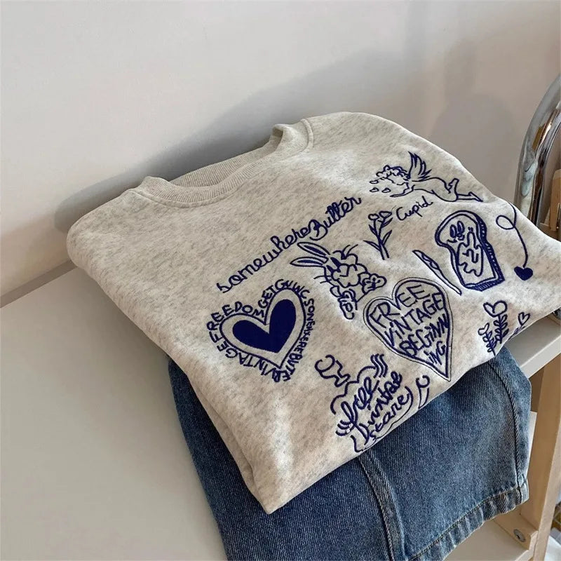 America Retro Sweatshirt Long Sleeves Women Casual O-Neck Sweatshirts Autumn Gray Pullovers Cartoon Print Female Chic Tops