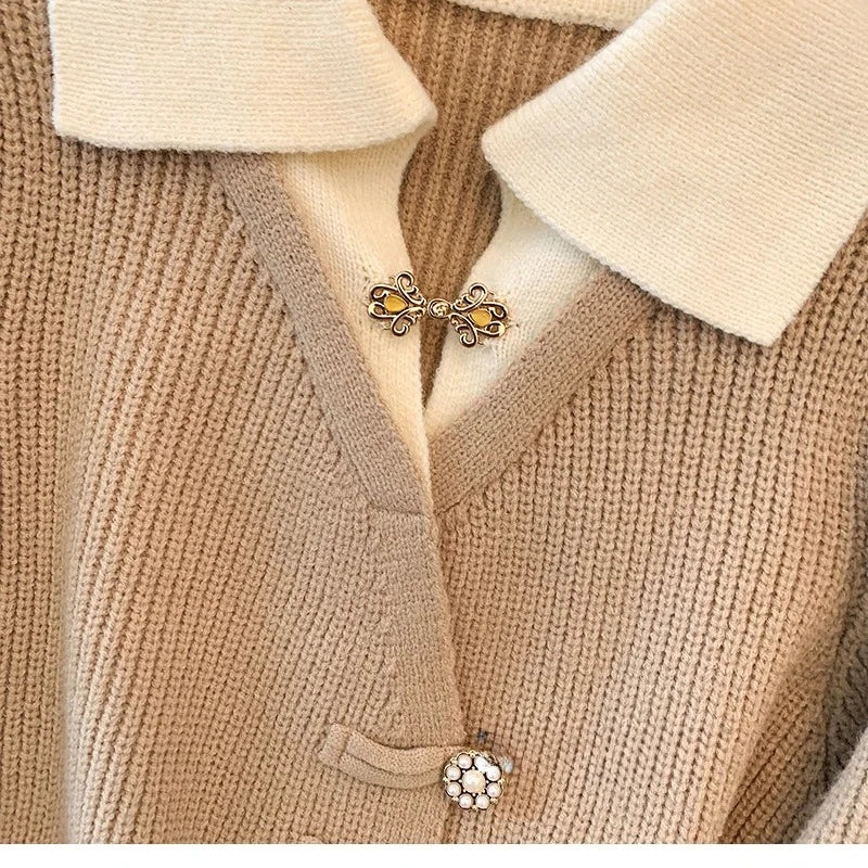 New 2026 Autumn Winter Design Splicing Slim Women Knitted Cardigan Sweater Jacket Fashion Fake Two Items Loose Ladies Top