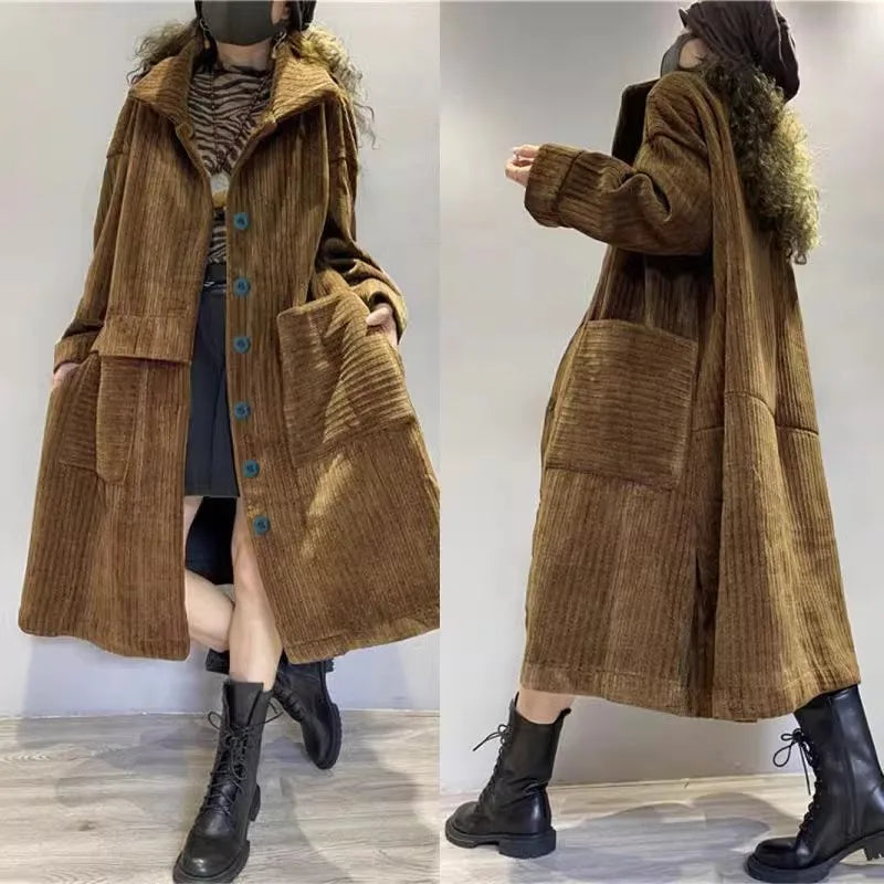 Thiened Fce Long Corduroy Warm Outerwear Women's Single Button Open Cardigan Windbreaker Autumn Winter Seasonal Faion
