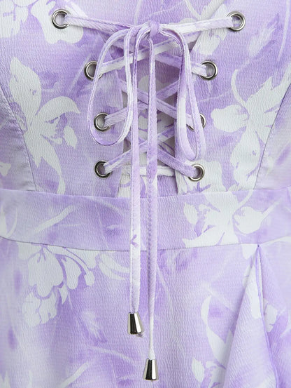 ROSEGAL Plus Size Tie Dye Floral Print Ruffles Lace-Up Dress 2026 Women Summer Dress Light Purple Square Collar Split Vestidos