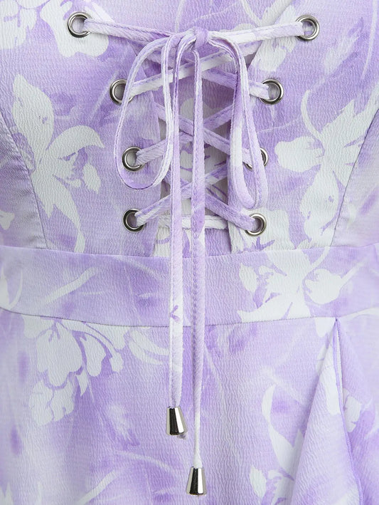 ROSEGAL Plus Size Tie Dye Floral Print Ruffles Lace-Up Dress 2026 Women Summer Dress Light Purple Square Collar Split Vestidos