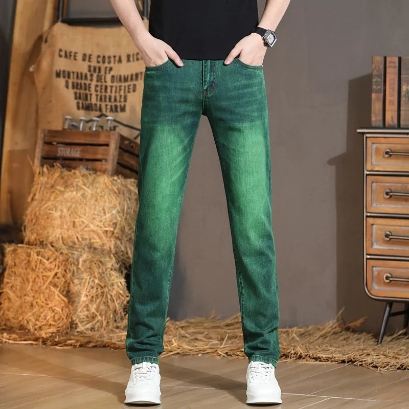Emerald Green Jeans High-End Embroidery Slim Straight Leg Men Pants Personality Fashion Everything Trend Elastic Denim Pant