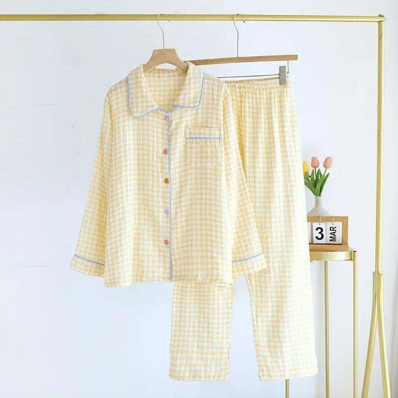 2026 Spring/Summer New Women's Sleepwear Long Set 100% Cotton Plaid Long Sleeve Long Pants Two Piece Set Collar Home Clothes