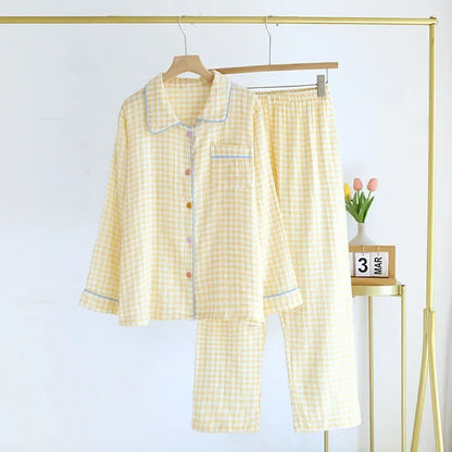 2026 Spring/Summer New Women's Sleepwear Long Set 100% Cotton Plaid Long Sleeve Long Pants Two Piece Set Collar Home Clothes