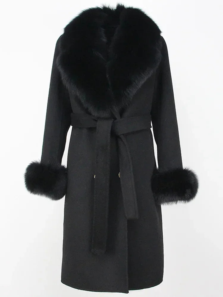 Double Breasted Woolen Jacket Belt Warm Cashmere Real Fur Coat Streetwear New Fashion 2024 Winter Women Long Natural Wool Blends