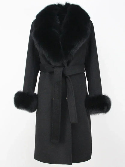 Double Breasted Woolen Jacket Belt Warm Cashmere Real Fur Coat Streetwear New Fashion 2024 Winter Women Long Natural Wool Blends