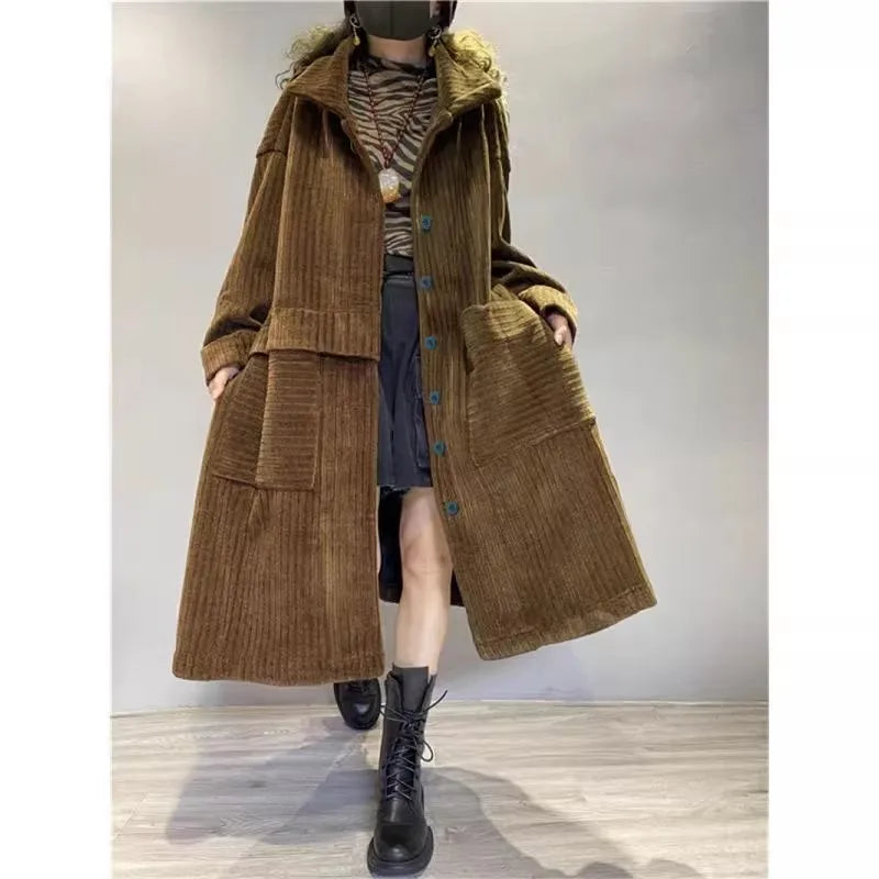 Thiened Fce Long Corduroy Warm Outerwear Women's Single Button Open Cardigan Windbreaker Autumn Winter Seasonal Faion