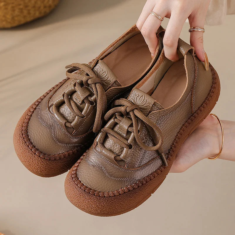 New Women's Genuine Leather Flats Woman Tied Up Wide Head Sports Sneakers Vintage Moccasin Non-Slip Walking Driving Loafer Flats