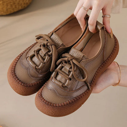 New Women's Genuine Leather Flats Woman Tied Up Wide Head Sports Sneakers Vintage Moccasin Non-Slip Walking Driving Loafer Flats