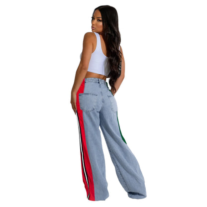 Denim Pants Women Patchwork Spliced Long Pant Mom Straight Button High Waist Casual Jeans Trousers Pocket Lady Y2k Autumn