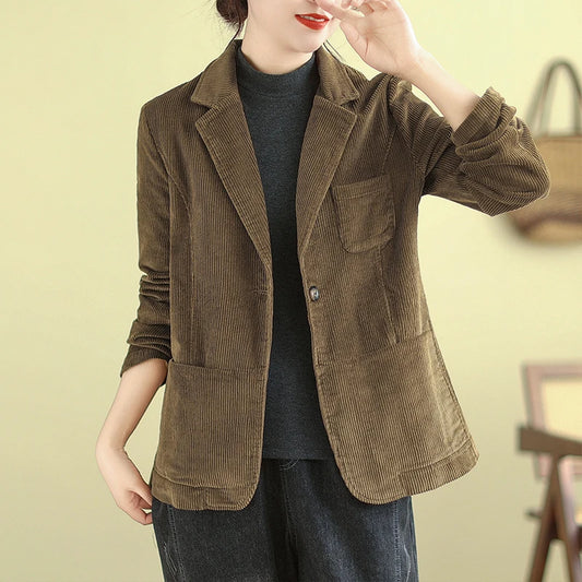 Retro Corduroy ort Suit Jaet Women's Loose Casual Striped Velvet Open Cardigan Top Spring 2026 New Sle Cotton Material