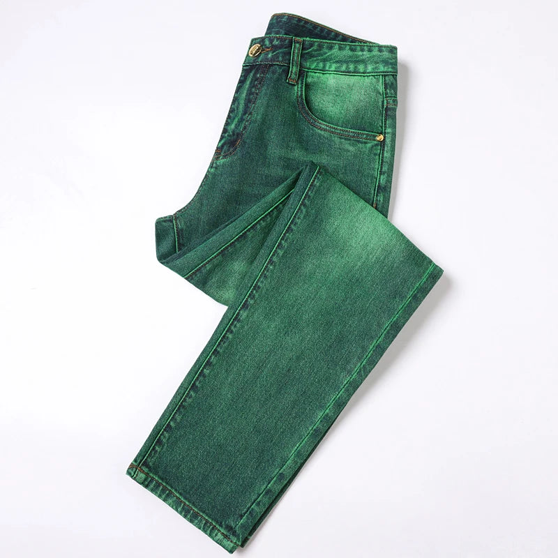 Emerald Green Jeans High-End Embroidery Slim Straight Leg Men Pants Personality Fashion Everything Trend Elastic Denim Pant