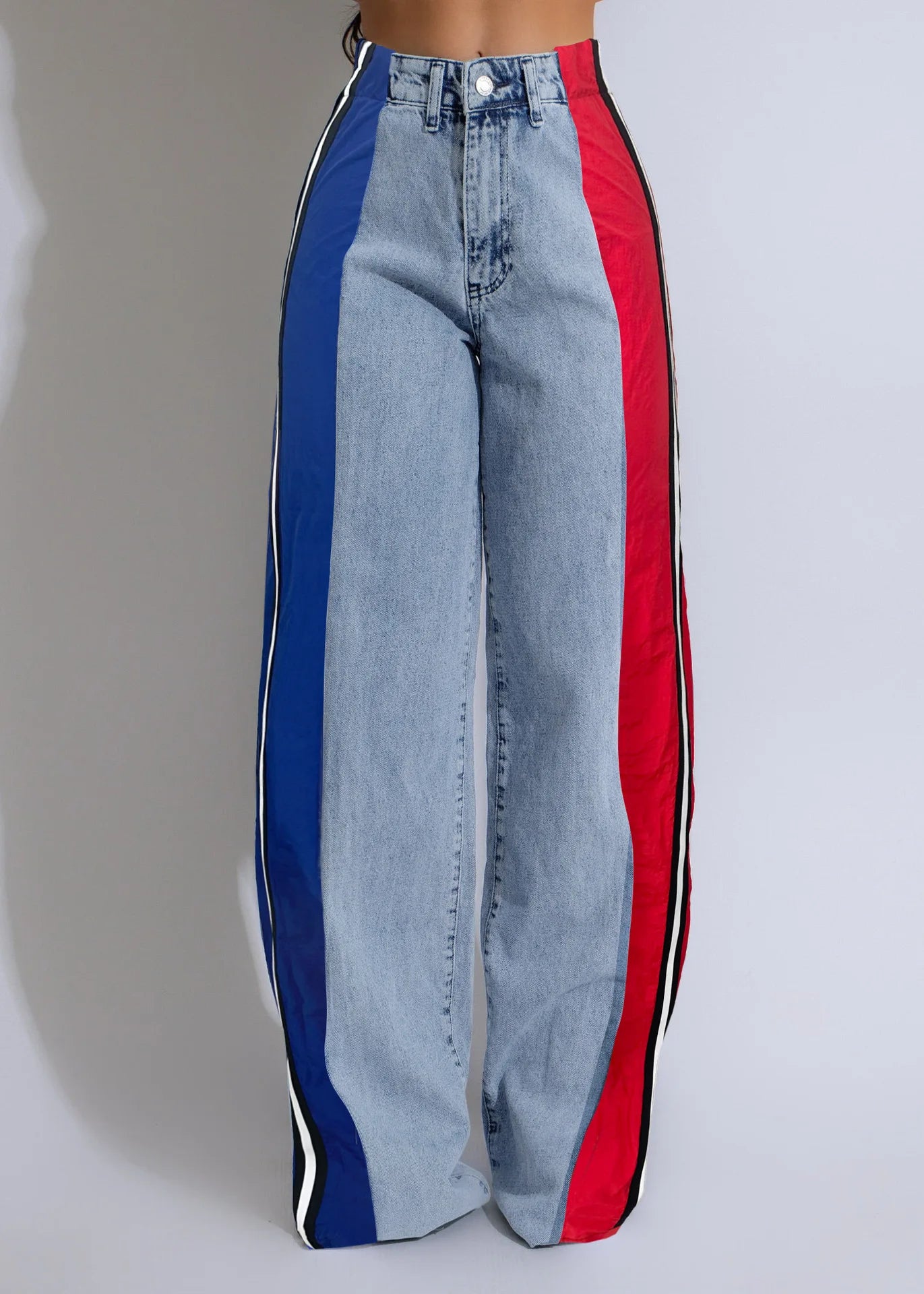 Denim Pants Women Patchwork Spliced Long Pant Mom Straight Button High Waist Casual Jeans Trousers Pocket Lady Y2k Autumn