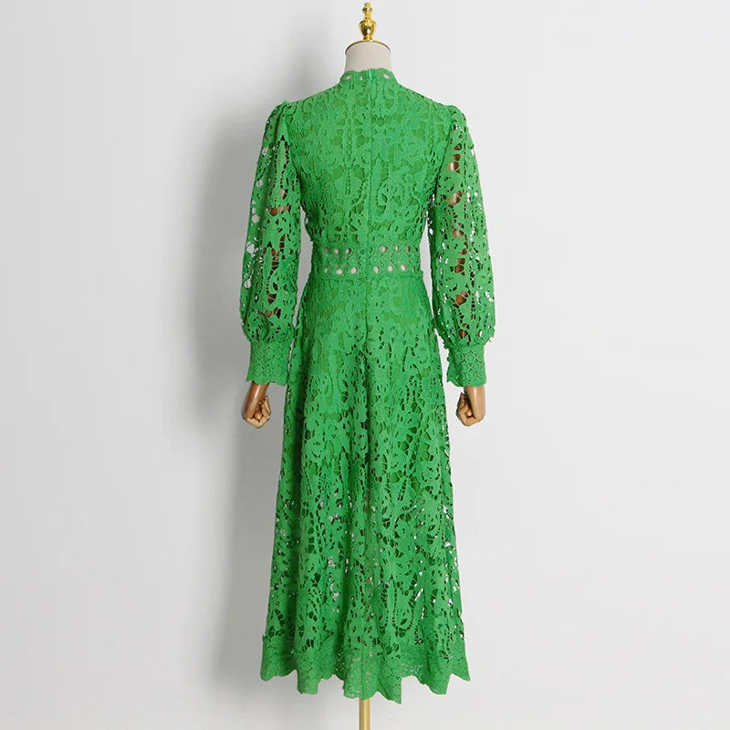 French Elegant Holiday Flower Embroidery Lace Midi Dress Women Lantern Long Sleeve Stand Hollow Out Crochet Party Vestidos
