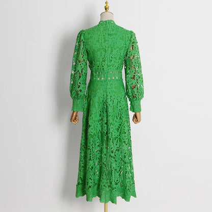 French Elegant Holiday Flower Embroidery Lace Midi Dress Women Lantern Long Sleeve Stand Hollow Out Crochet Party Vestidos