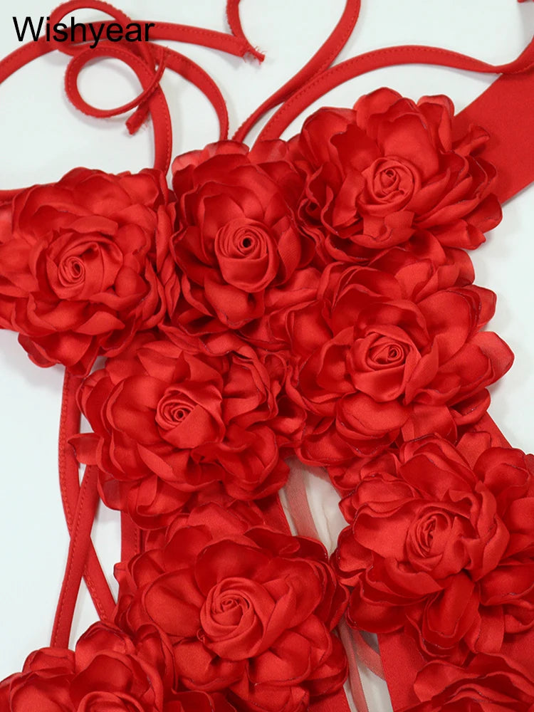 New Autumn Halter Sleeveless Backless Cutout Red 3D Flower Long Maxi Dress for Women Elegant Sexy Evening Birthday Party Vestido