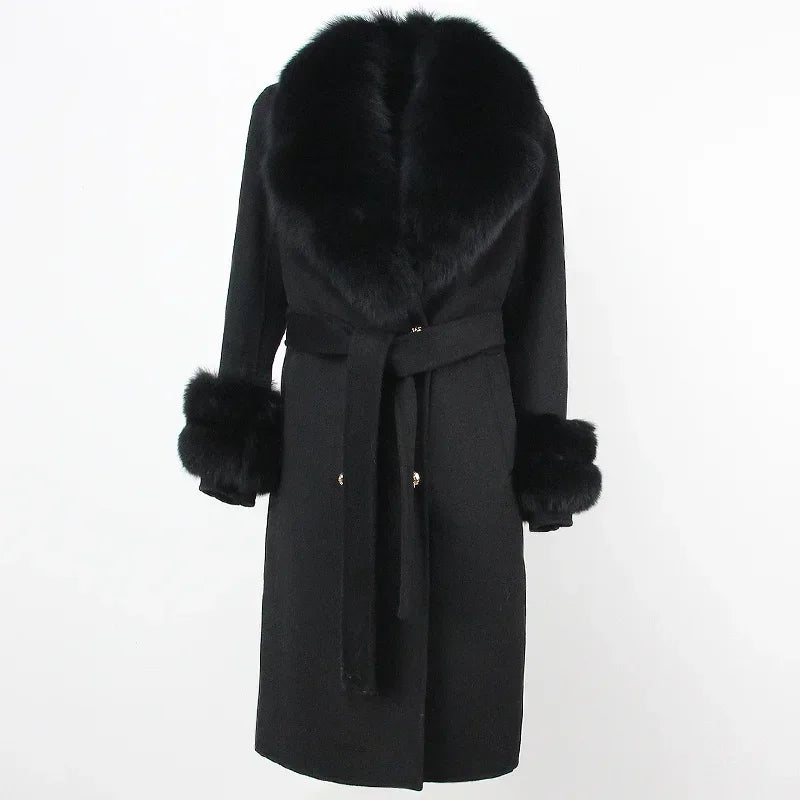 Double Breasted Woolen Jacket Belt Warm Cashmere Real Fur Coat Streetwear New Fashion 2024 Winter Women Long Natural Wool Blends