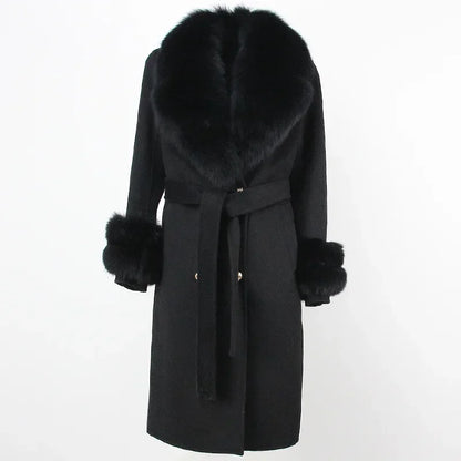 Double Breasted Woolen Jacket Belt Warm Cashmere Real Fur Coat Streetwear New Fashion 2024 Winter Women Long Natural Wool Blends