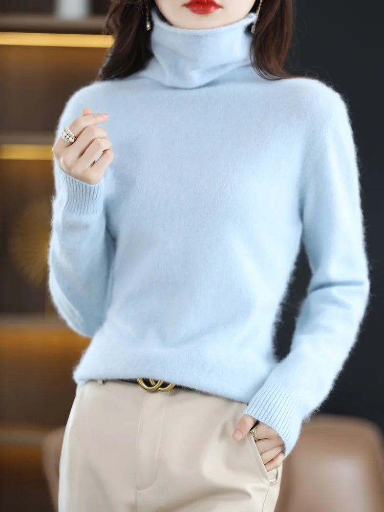 CHICUU Women Mink Cashmere Sweater Turtleneck Pullover Autumn Winter Basic Soft Warm Clothing 100% Mink Cashmere Knitwear Tops