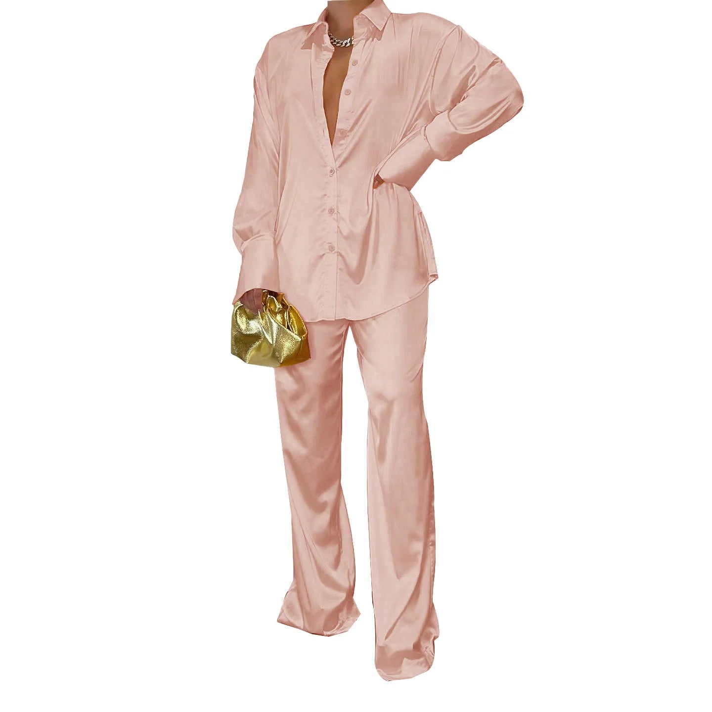 CM.YAYA Elegant Satin Women's Tracksuit Long Sleeve Shirt and Wide Leg Straight Pants Matching Sleepwear Two 2 Piece Set Outfits