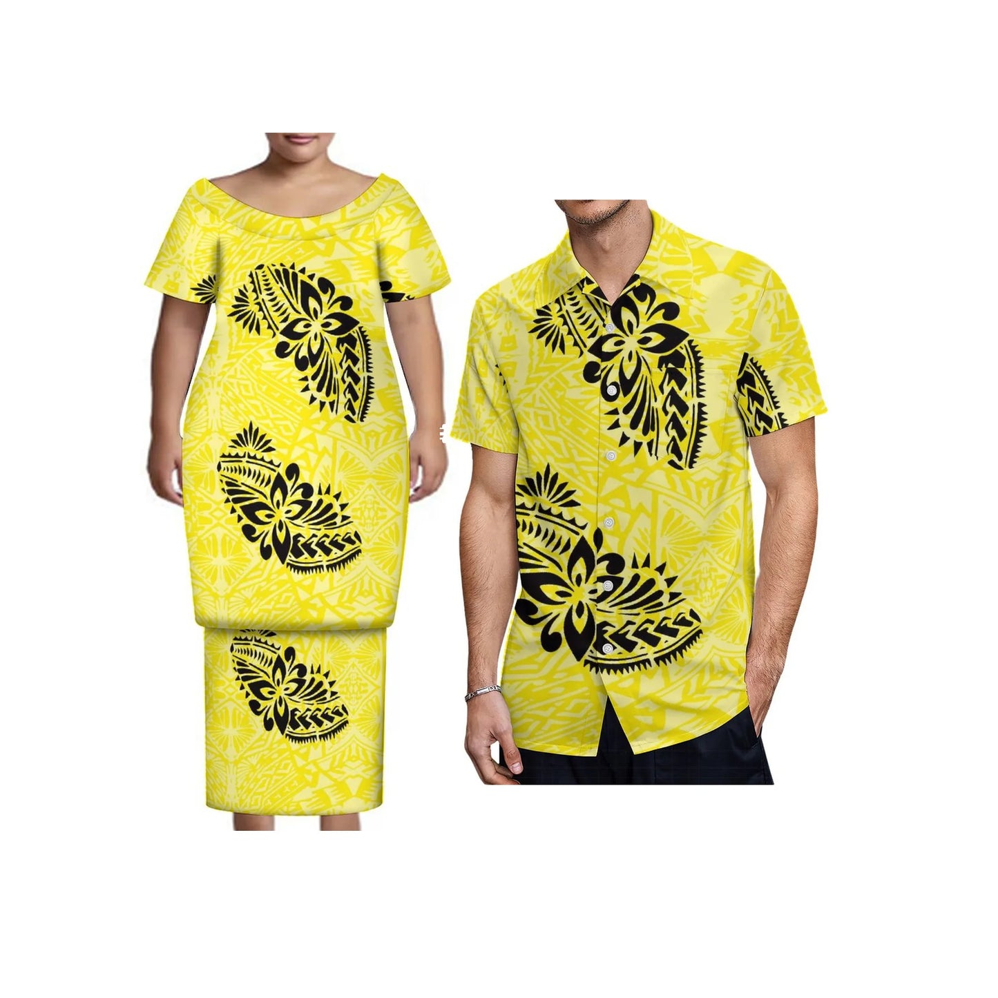 New Tonga Polynesian Short Sleeve Dress Big Size Women Button Puletasi Dress and Aloha Men Shirt Match Couple Clothes Two Piece