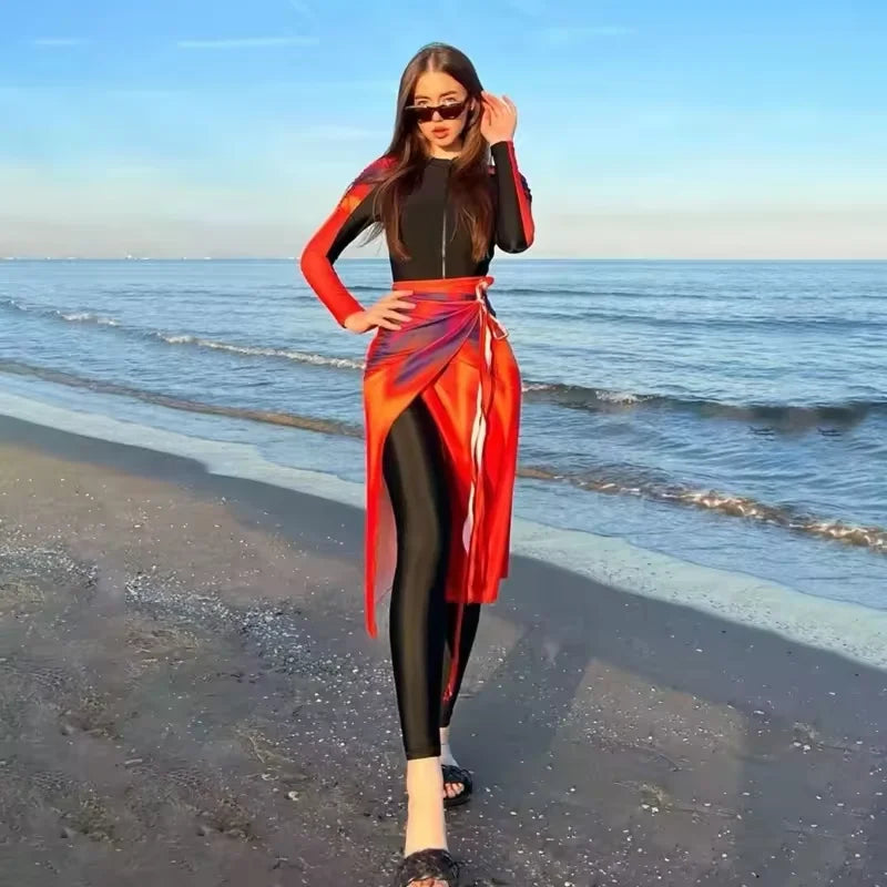 4PCS/Set Modest Burkini Femmes Swimming Suit Muslim Swimwear Women Long Sleeve Sport Swimsuit Islamic Wear Contain Hijab
