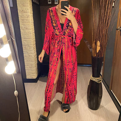 New 11 Colors Printed Long Sleeve With Belt Tunic Beach Cover Up Cover-ups Beach Dress Beach Wear Beachwear Female Women V4521