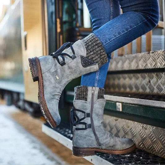 Women Ankle Boots Winter 2021 Side Zipper Snow Boots Booties Women Lace Up Women Shoes Size 43 Retro Knitting Boots Botas Mujer