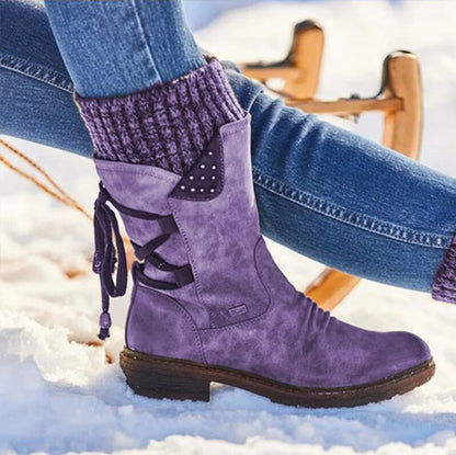 Women Ankle Boots Winter 2021 Side Zipper Snow Boots Booties Women Lace Up Women Shoes Size 43 Retro Knitting Boots Botas Mujer