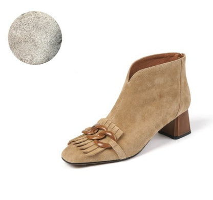 2021 Autumn/Winter Women Boots Sheep Suade Round Toe Square Heel Mid-Heel Ankle Boots Fringed Zipper Fashion Office Lady Shoes