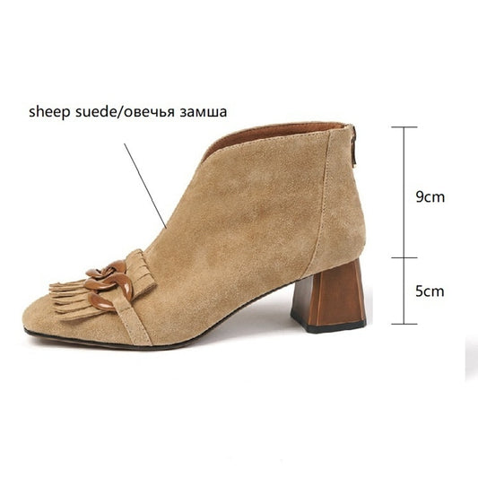 2021 Autumn/Winter Women Boots Sheep Suade Round Toe Square Heel Mid-Heel Ankle Boots Fringed Zipper Fashion Office Lady Shoes
