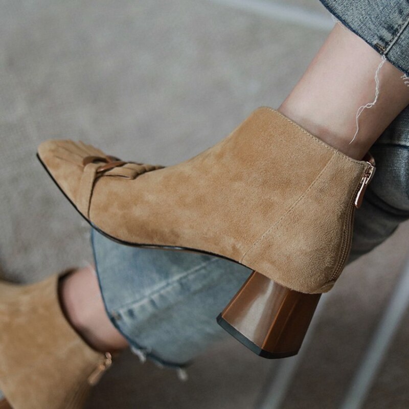 2021 Autumn/Winter Women Boots Sheep Suade Round Toe Square Heel Mid-Heel Ankle Boots Fringed Zipper Fashion Office Lady Shoes