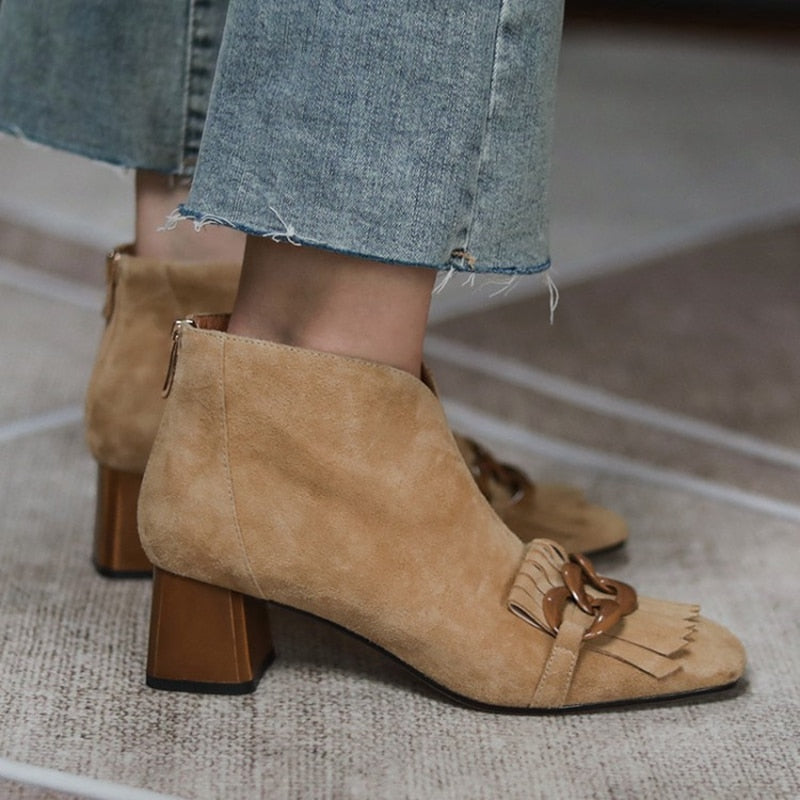 2021 Autumn/Winter Women Boots Sheep Suade Round Toe Square Heel Mid-Heel Ankle Boots Fringed Zipper Fashion Office Lady Shoes