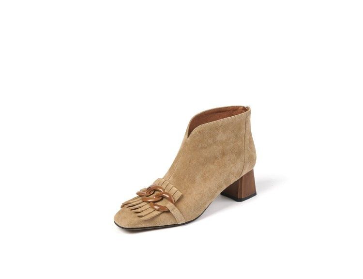 2021 Autumn/Winter Women Boots Sheep Suade Round Toe Square Heel Mid-Heel Ankle Boots Fringed Zipper Fashion Office Lady Shoes